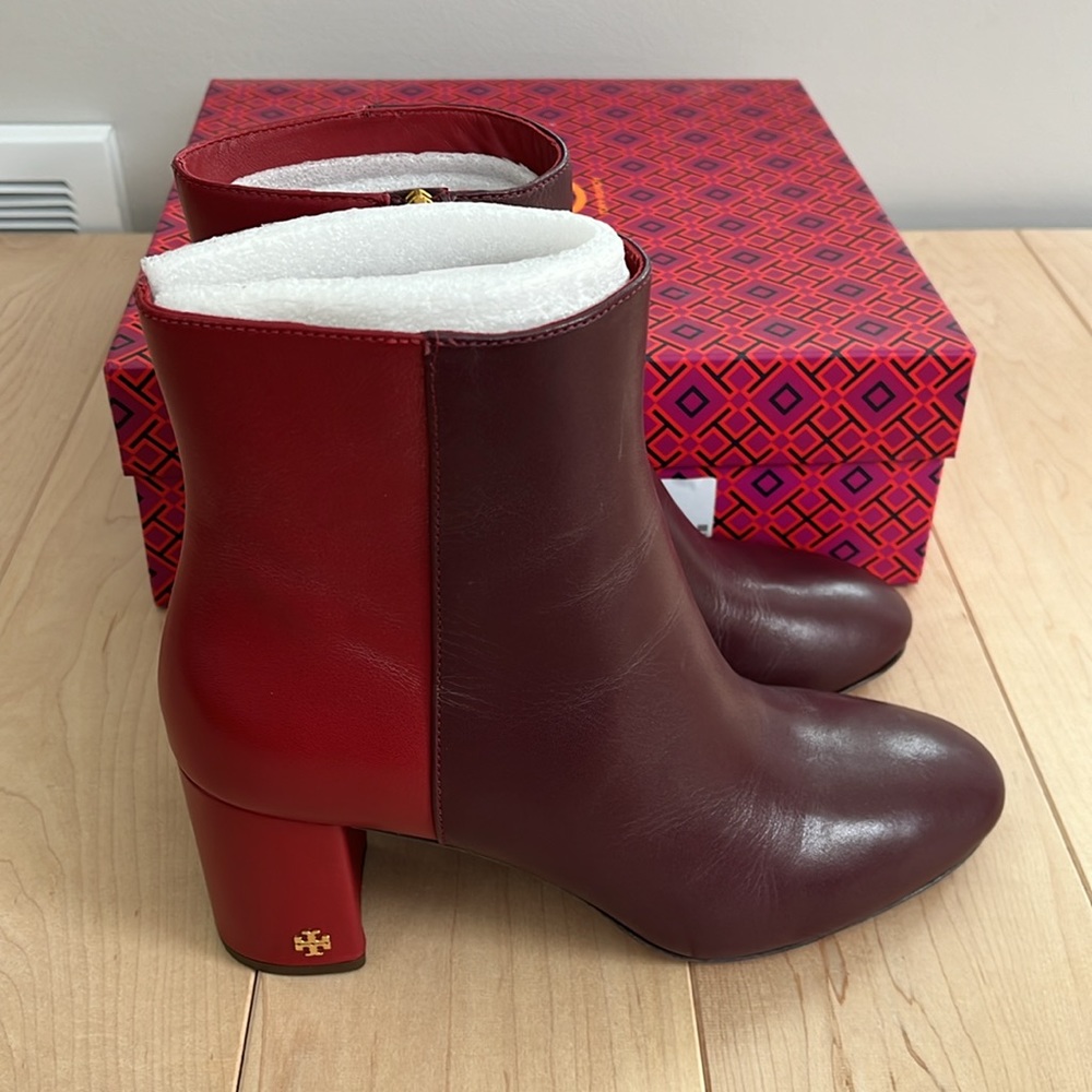 Like new Tory Burch Brooke 70MM/~2.5 IN heel Bootie in New Claret/Dark Redstone.